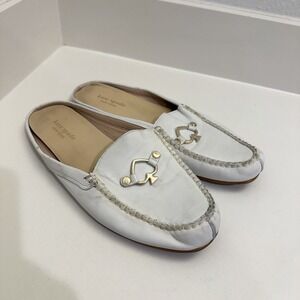 KATE SPADE New York White Flat Colada Mules Backless Women's 8.5 Shoes Gold Logo